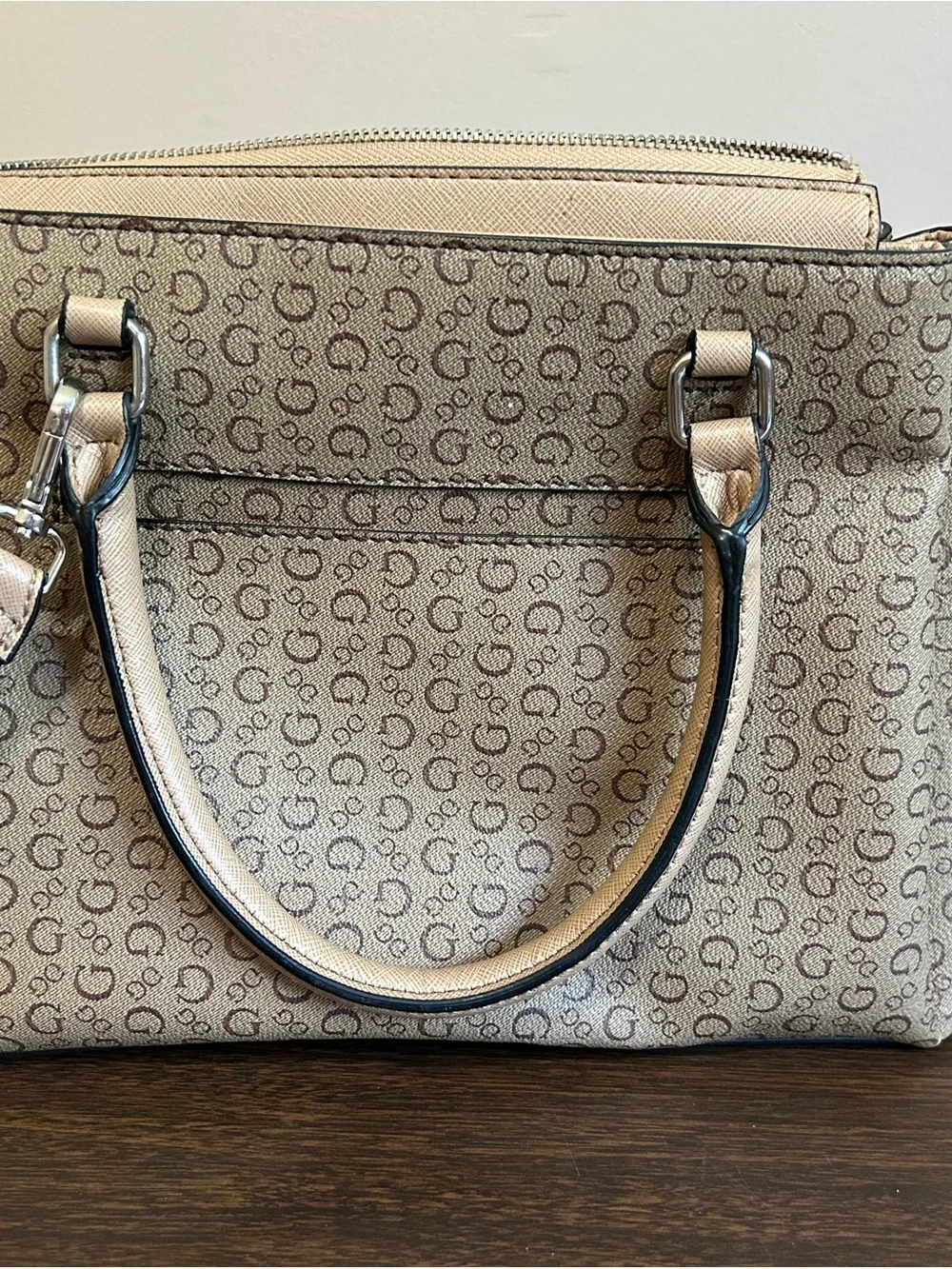 GUESS Tan Logo Print Satchel with Beige Trim